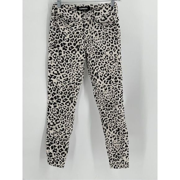 Express Jeans Cheetah Leopard Women 28 Waist 0 Skinny Mid Rise‎ Off White Black - Picture 1 of 14